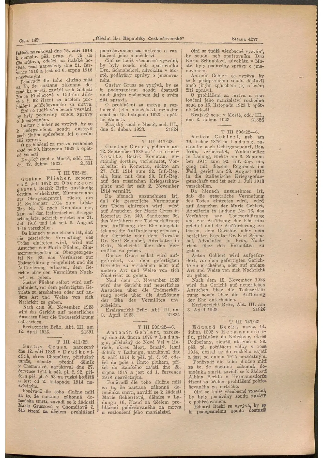 ÚŘEDNÍ LIST REPUBLIKY ČESKOSLOVENSKÉ · Číslo 142, 26. června 1923, strana 4277.