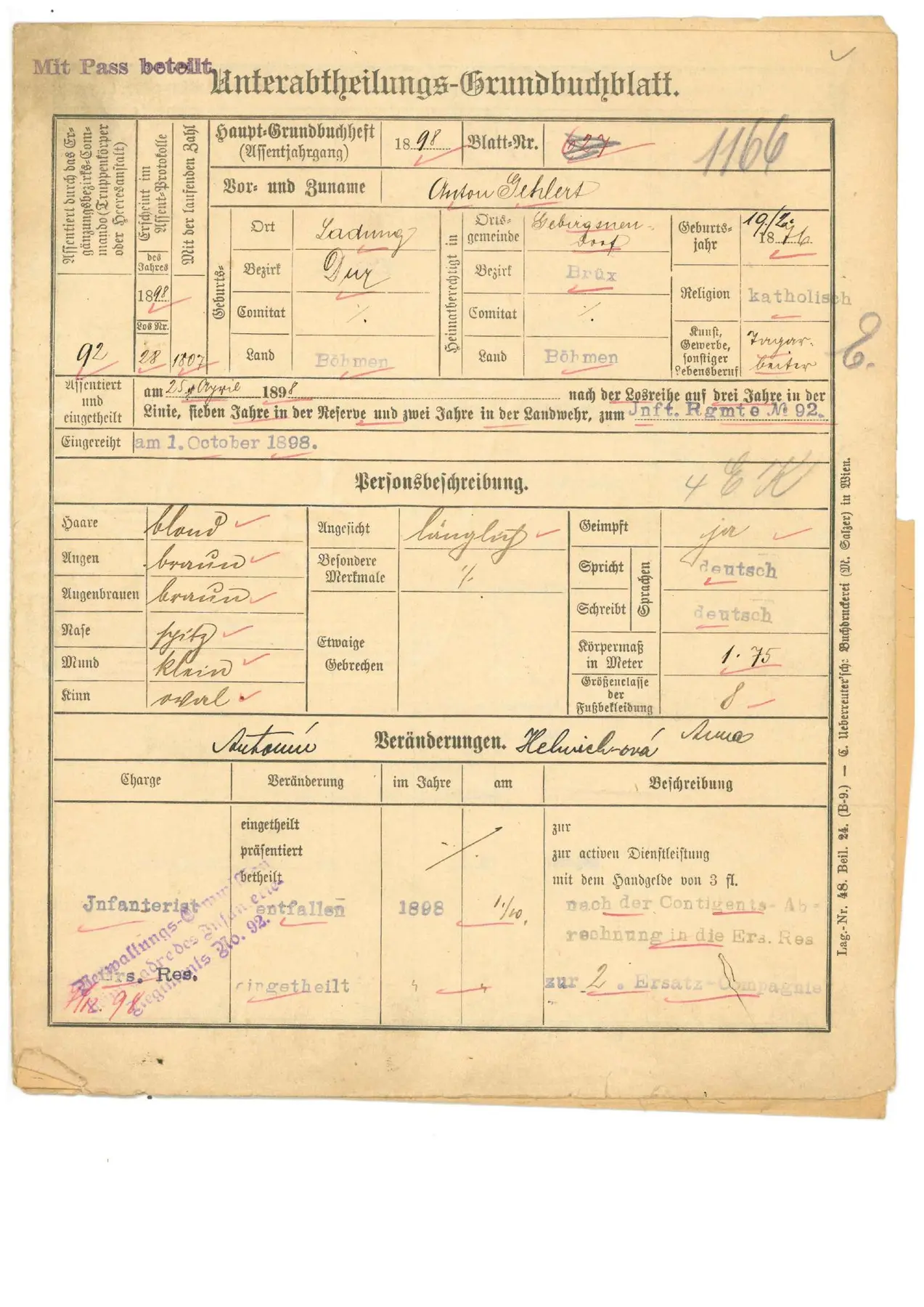 KMENOVÝ LIST · Předválečná identifikace a vojenská evidence Antona Gehlerta.